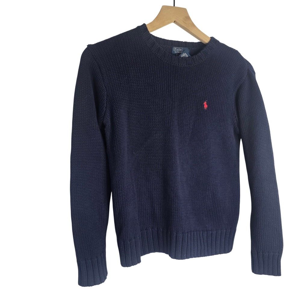 Polo Ralph Lauren Crewneck Sweater Kids M Navy Blue Cotton Knit Preppy Classic
